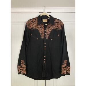 Scully Western Shirt Mens Large Black Brown Embroidered Floral Long Sleeve Snap